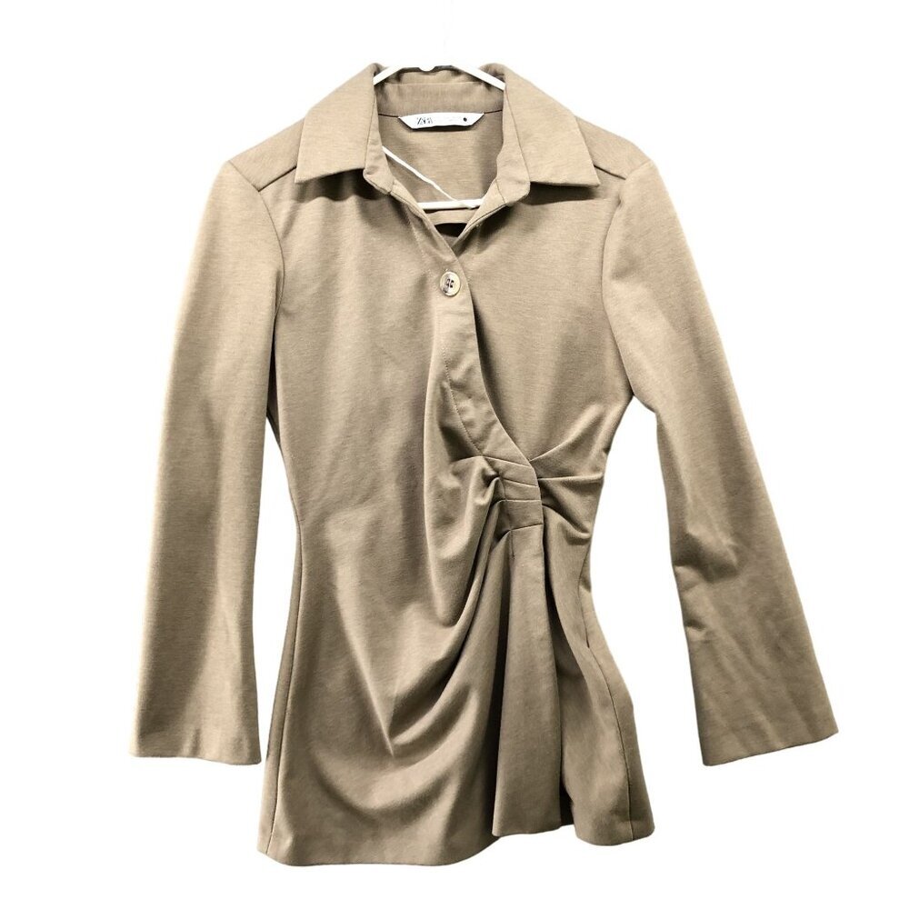 Zara Pleated Shirt Mid Camel Longline Womens S Suit Career Workwear Thick
